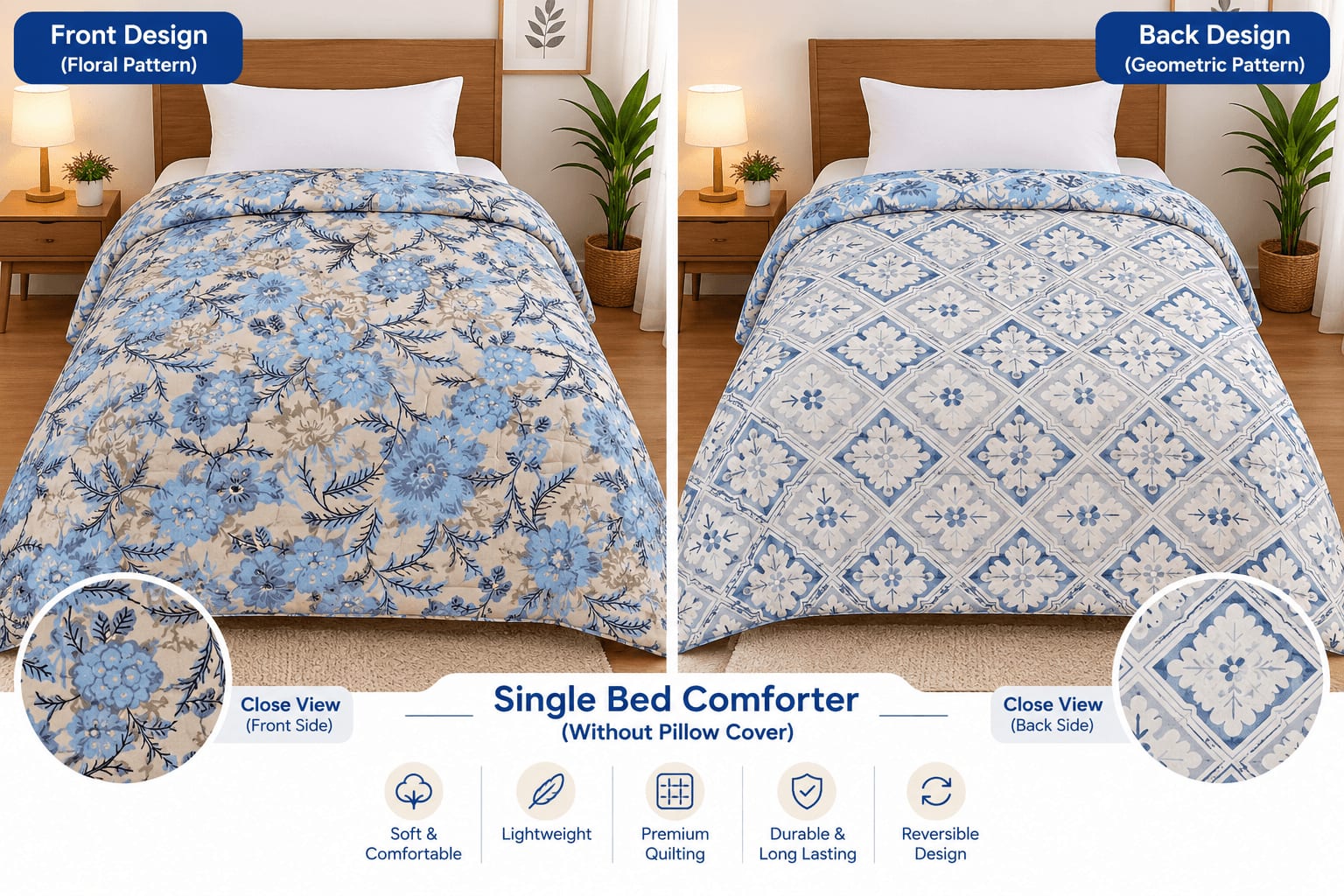 Tulip Original Reversible Microfibre Comforter, Single Bed 90x50 inches - Powder Blue Floral Leaf