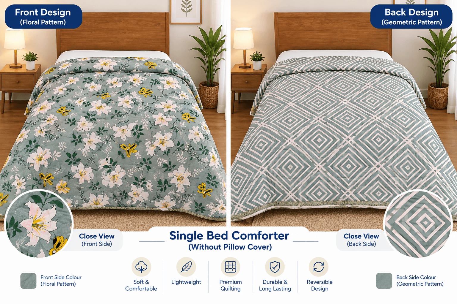 Tulip Original Reversible Microfibre Comforter, Single Bed 90x50 inches - Sage Green Lily Floral