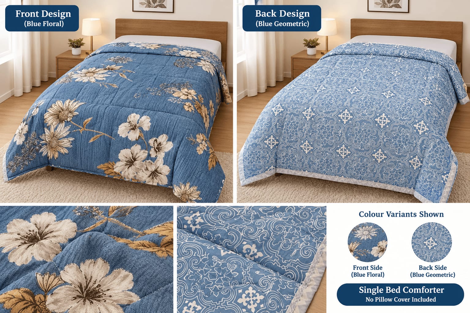 Tulip Original Reversible Microfibre Comforter, Single Bed 90x50 inches - Slate Blue Daisy Floral