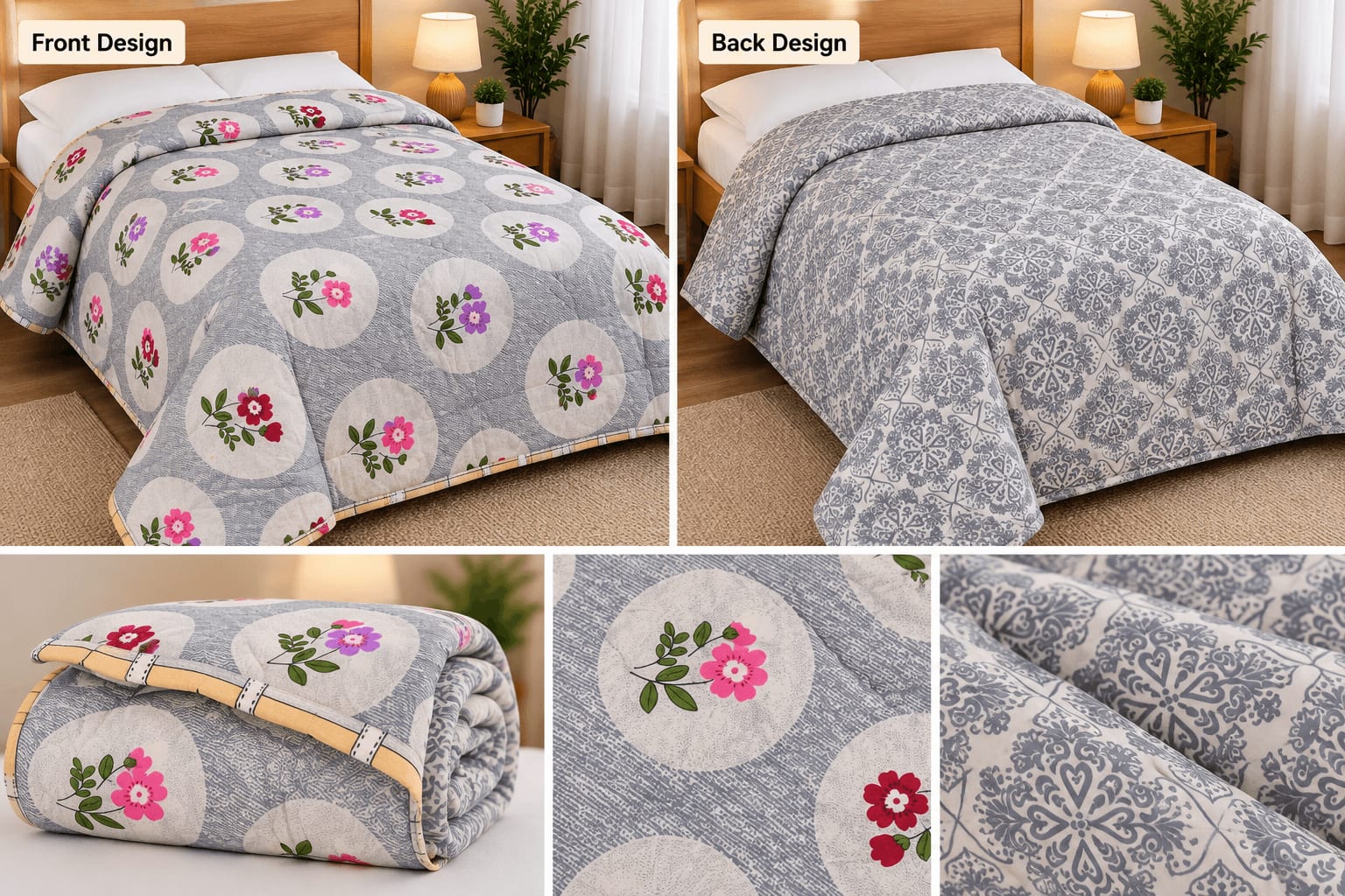 Tulip Original Reversible Microfibre Comforter, Single Bed 90x50 inches - Grey Floral Medallion - photo 9