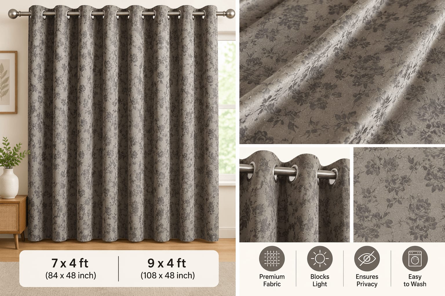 Taupe Floral Velvet Eyelet Curtain - 7x4 & 9x4 Ft - photo 10