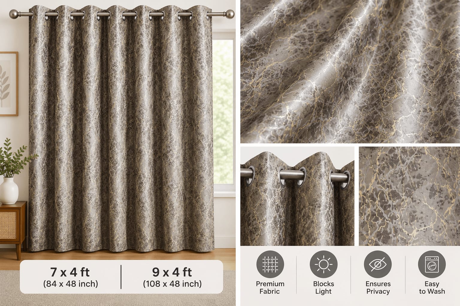 Champagne Gold Crackle Satin Eyelet Curtain - 7x4 & 9x4 Ft - photo 10