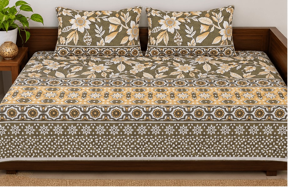 Galaxy Olive Green Sunflower Floral Diwan Bedsheet 72x100 Inches with 2 Pillow Covers