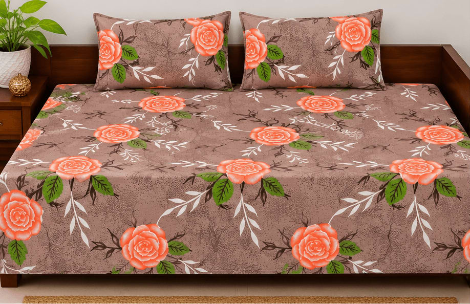 Galaxy Peach Rose Floral Diwan Bedsheet 70x90 Inches with 2 Pillow Covers