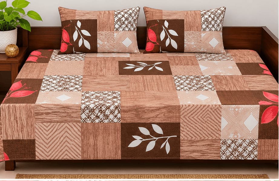 Galaxy Brown Geometric Patchwork Diwan Bedsheet 70x90 Inches with 2 Pillow Covers