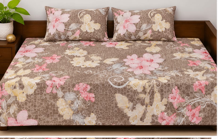 Galaxy Taupe Pink Lily Floral Diwan Bedsheet 70x90 Inches with 2 Pillow Covers