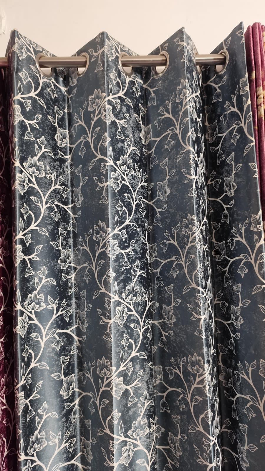 Slate Blue Floral Velvet Eyelet Curtain - 7x4 & 9x4 Ft - photo 1