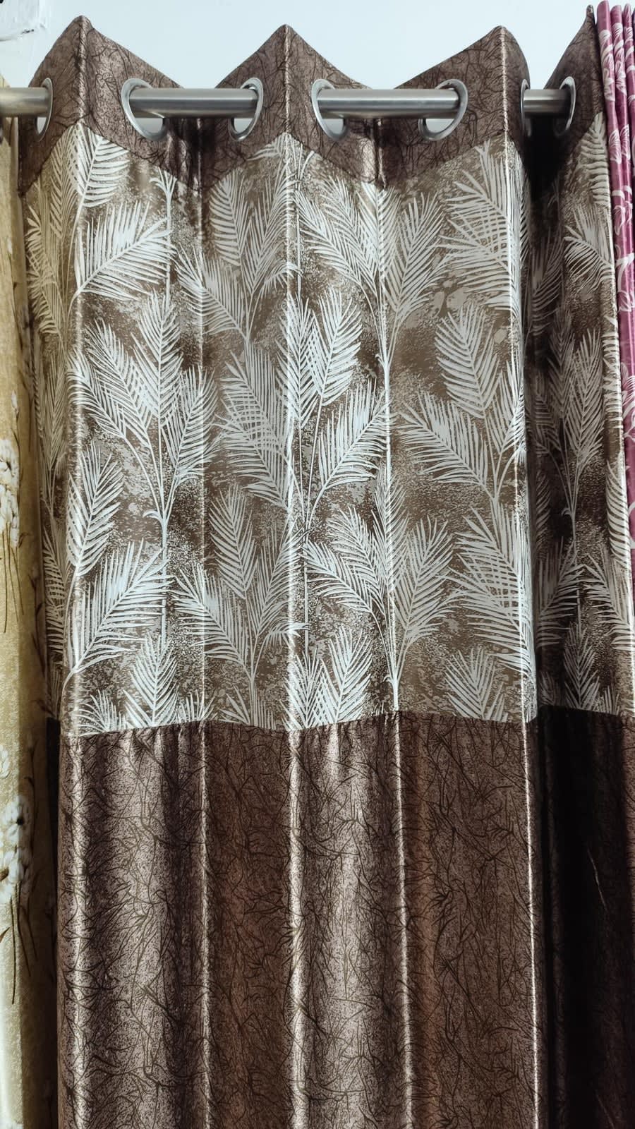 Brown Palm Leaf Satin Eyelet Curtain - 7x4 & 9x4 Ft - photo 1