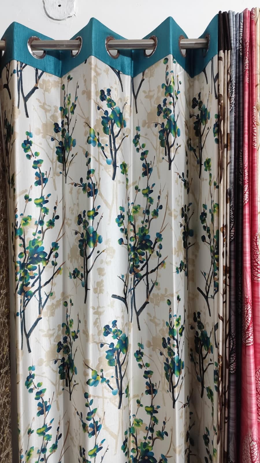 Teal Blossom Branch Satin Eyelet Curtain - 7x4 & 9x4 Ft - photo 1