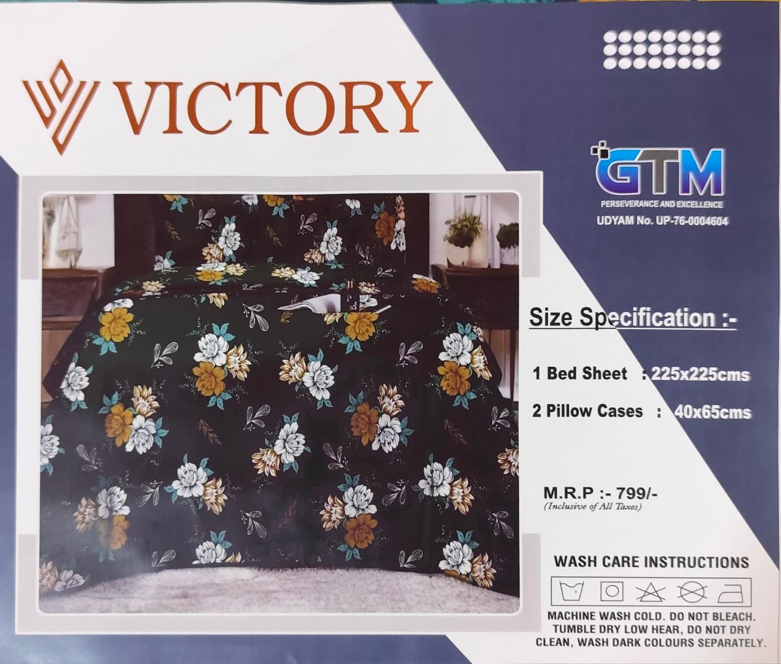 Victory Double Bedsheet 225x225 cm with 2 Pillow Covers - Bottle Green Lotus Floral - photo 3