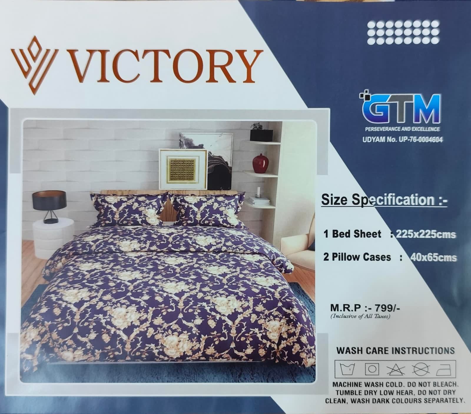 Victory Double Bedsheet 225x225 cm with 2 Pillow Covers - Navy Blue Gold Damask - photo 4