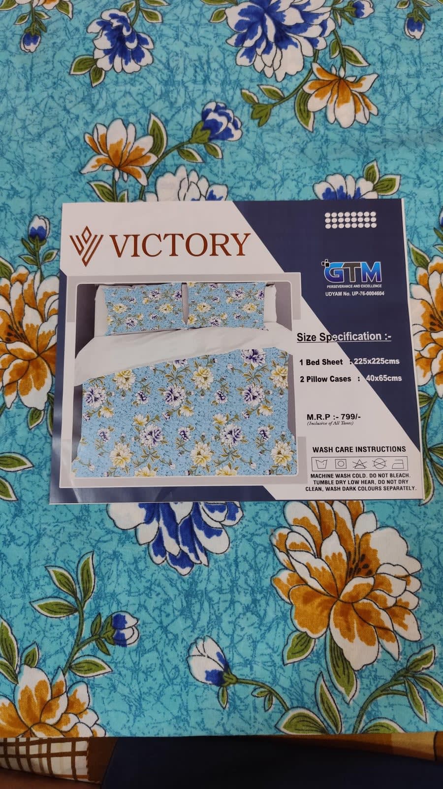 Victory Double Bedsheet 225x225 cm with 2 Pillow Covers - Aqua Blue Peony Floral - photo 3