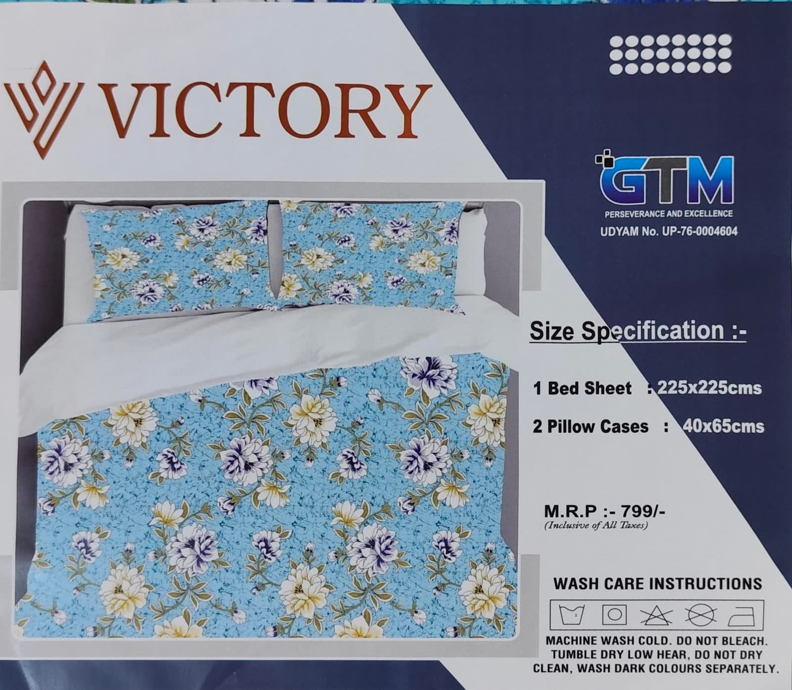 Victory Double Bedsheet 225x225 cm with 2 Pillow Covers - Aqua Blue Peony Floral - photo 4