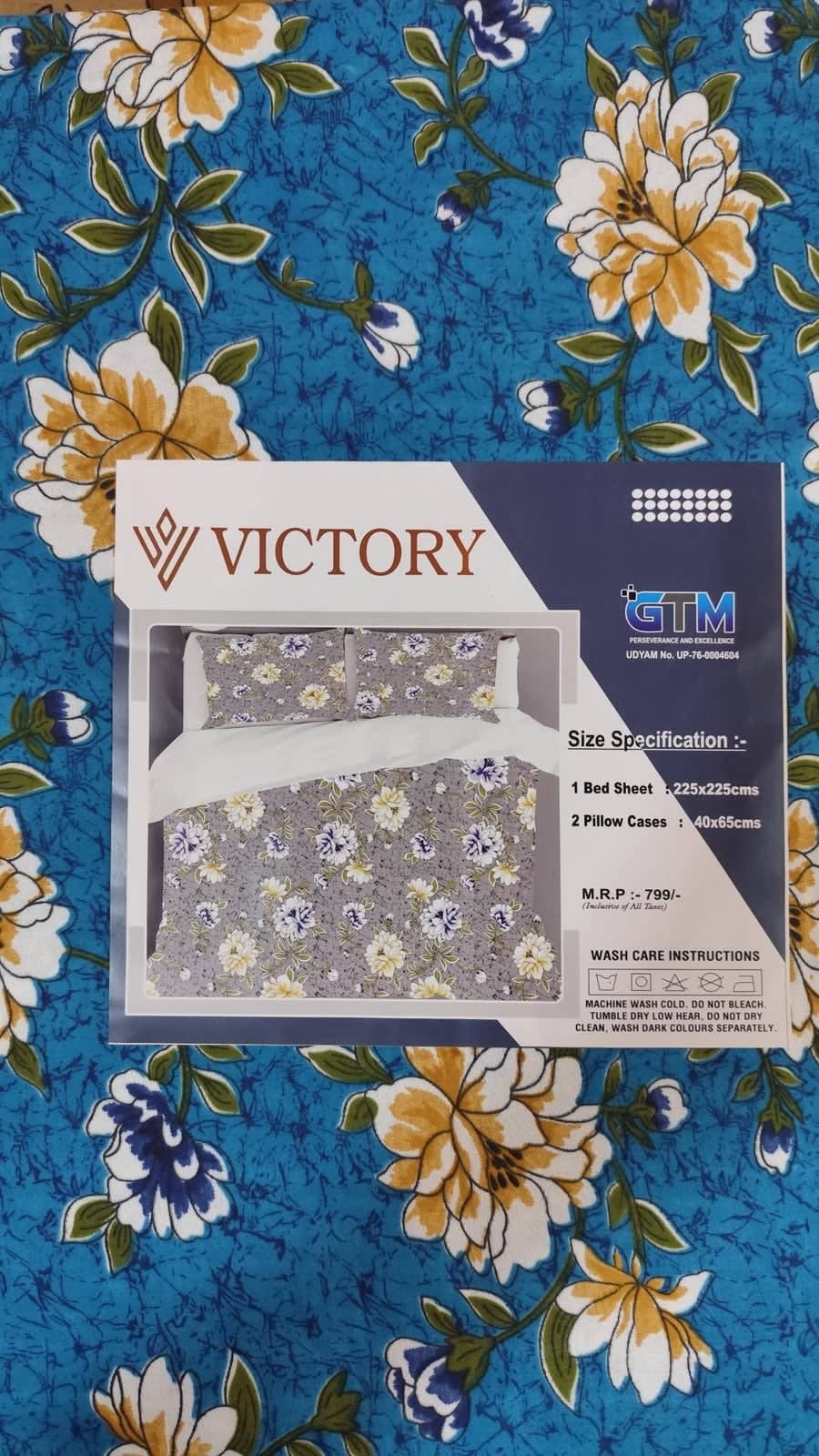 Victory Double Bedsheet 225x225 cm with 2 Pillow Covers - Turquoise Blue Peony Floral - photo 3