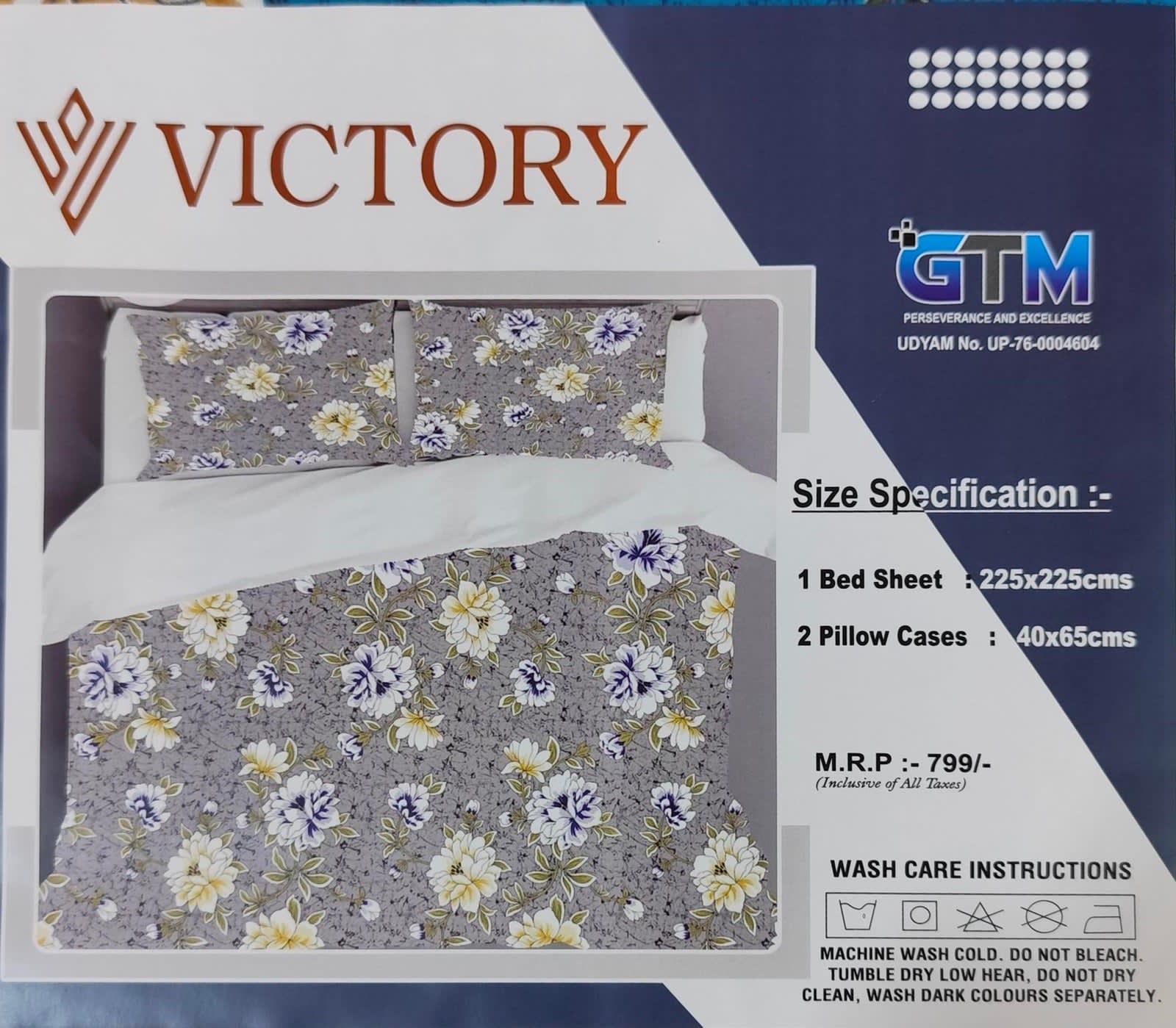 Victory Double Bedsheet 225x225 cm with 2 Pillow Covers - Turquoise Blue Peony Floral - photo 4