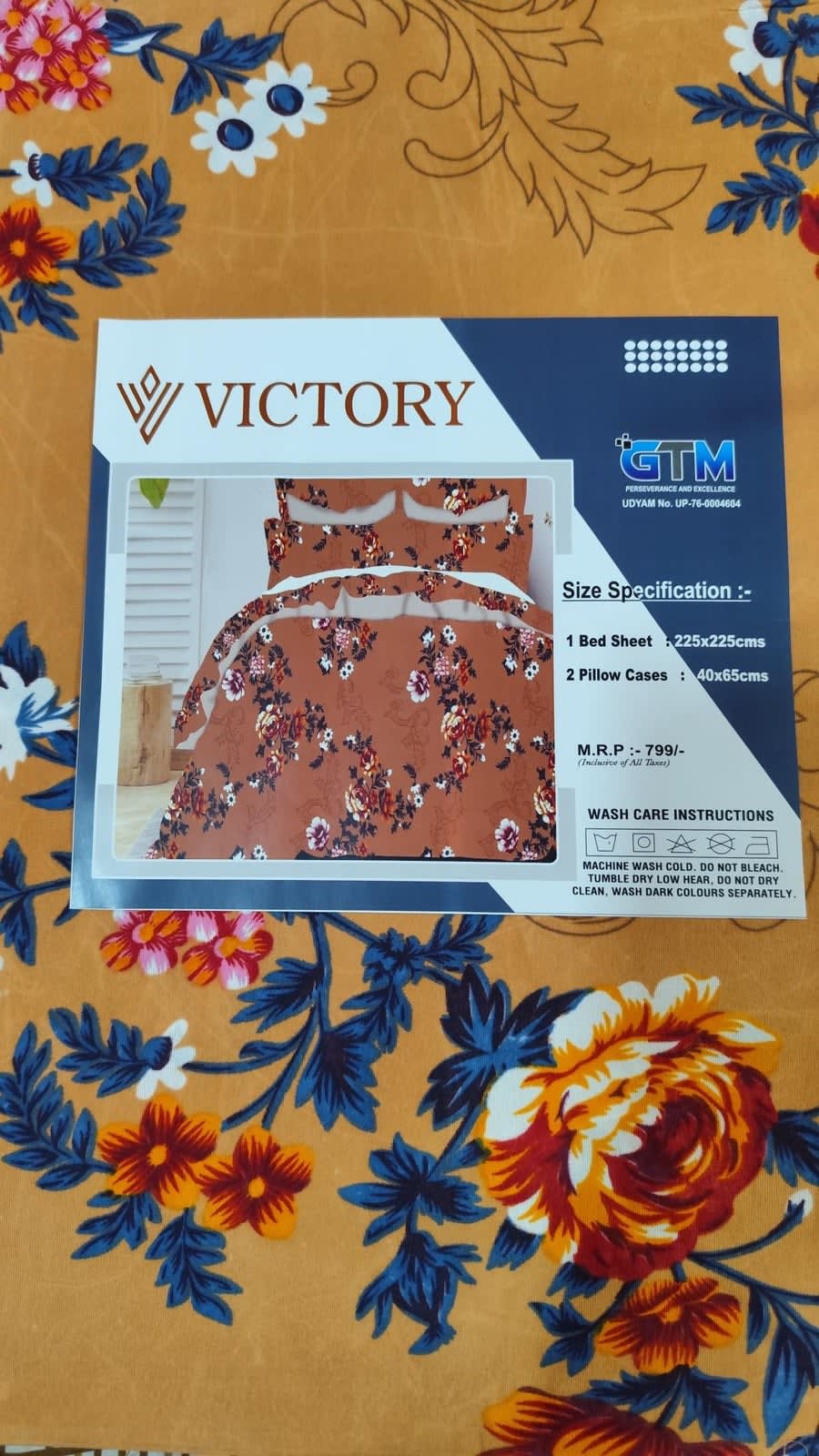 Victory Double Bedsheet 225x225 cm with 2 Pillow Covers - Mustard Rose & Scroll Floral - photo 3