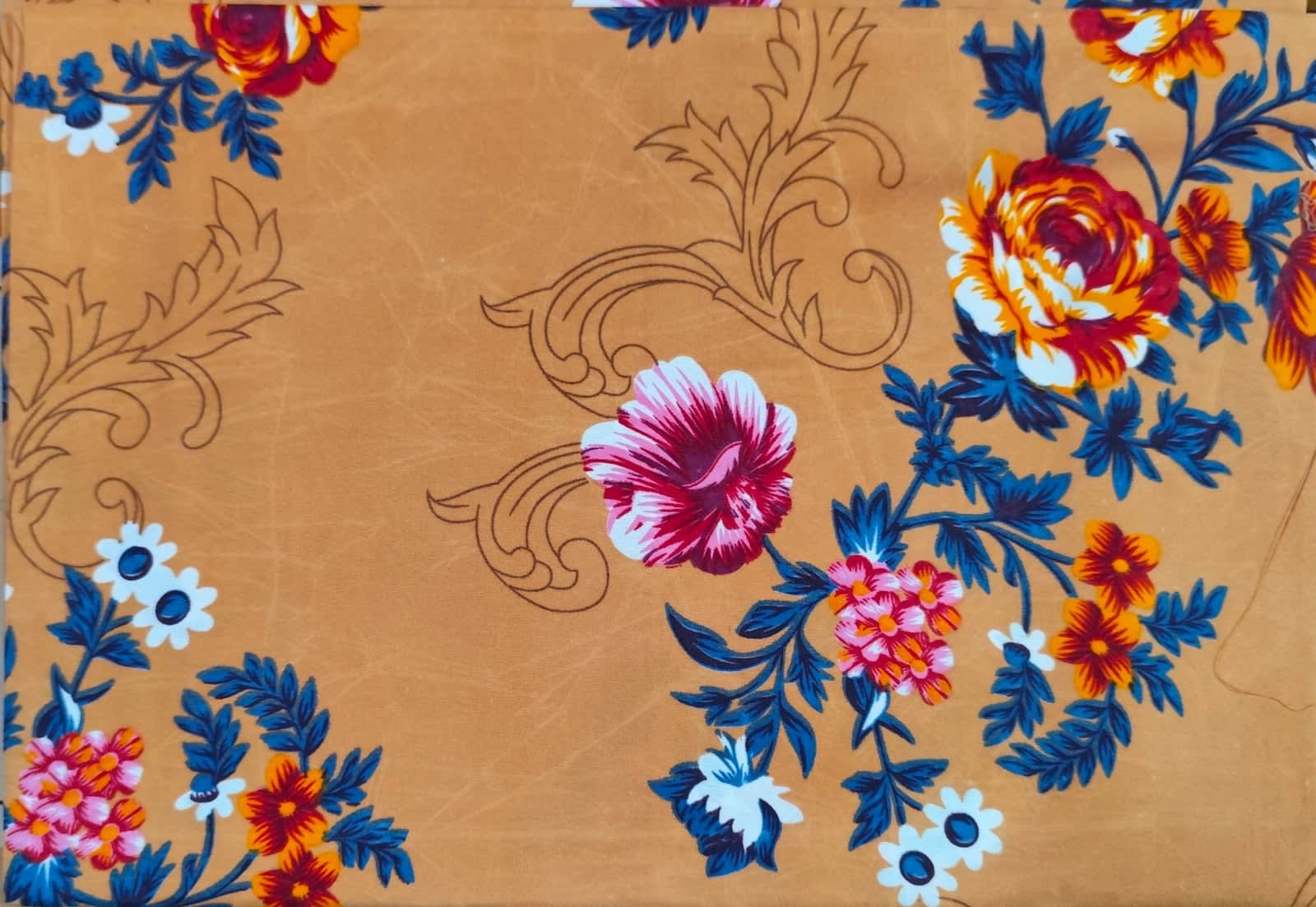 Victory Double Bedsheet 225x225 cm with 2 Pillow Covers - Mustard Rose & Scroll Floral