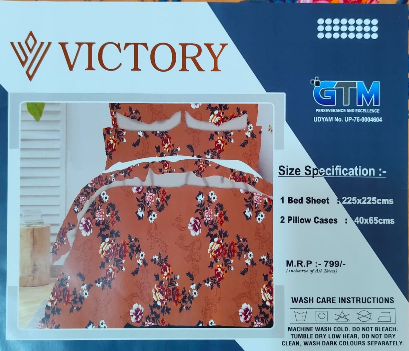 Victory Double Bedsheet 225x225 cm with 2 Pillow Covers - Mustard Rose & Scroll Floral - photo 4