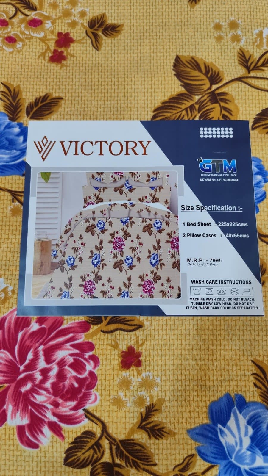 Victory Double Bedsheet 225x225 cm with 2 Pillow Covers - Golden Yellow Rose Floral - photo 3