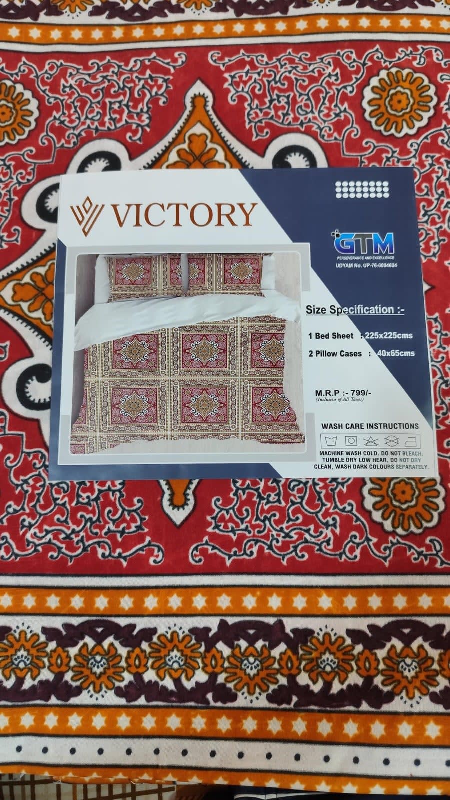 Victory Double Bedsheet 225x225 cm with 2 Pillow Covers - Red Traditional Medallion - photo 3