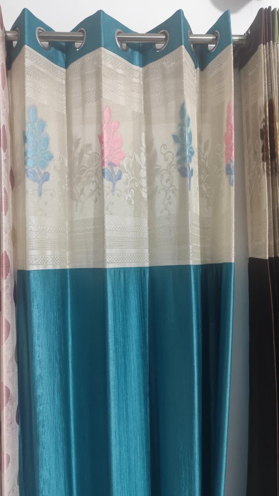 Teal Embroidered Net Panel Satin Eyelet Curtain - 7x4 & 9x4 Ft