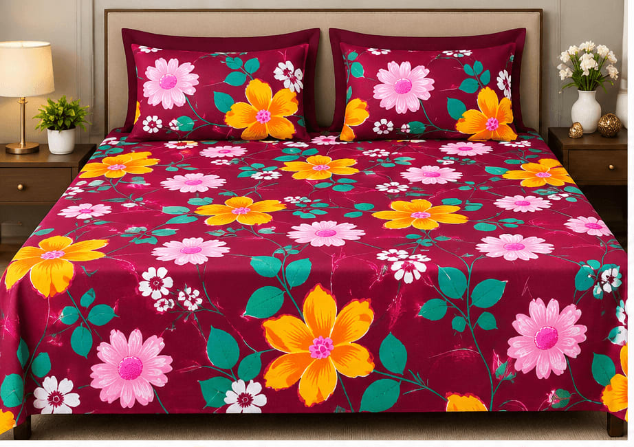 Maroon Daisy & Lily Floral Victory Double Bedsheet 225x225 cm + 2 Pillow Covers