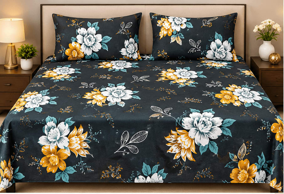 Bottle Green Lotus Floral Victory Double Bedsheet 225x225 cm + 2 Pillow Covers
