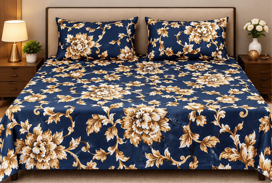 Navy Blue Gold Damask Victory Double Bedsheet 225x225 cm + 2 Pillow Covers