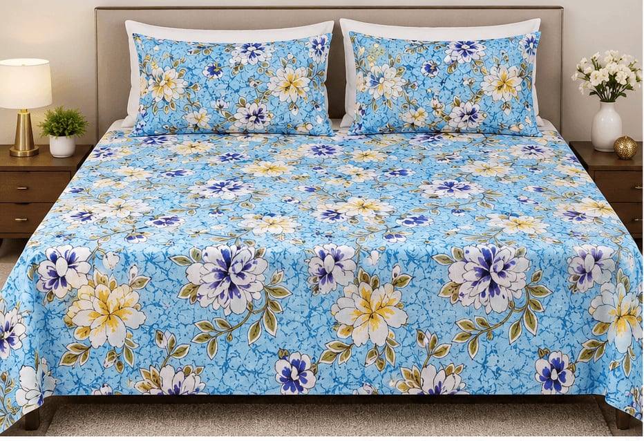 Aqua Blue Peony Floral Victory Double Bedsheet 225x225 cm + 2 Pillow Covers - photo 1