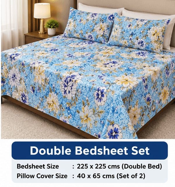Aqua Blue Peony Floral Victory Double Bedsheet 225x225 cm + 2 Pillow Covers - photo 6