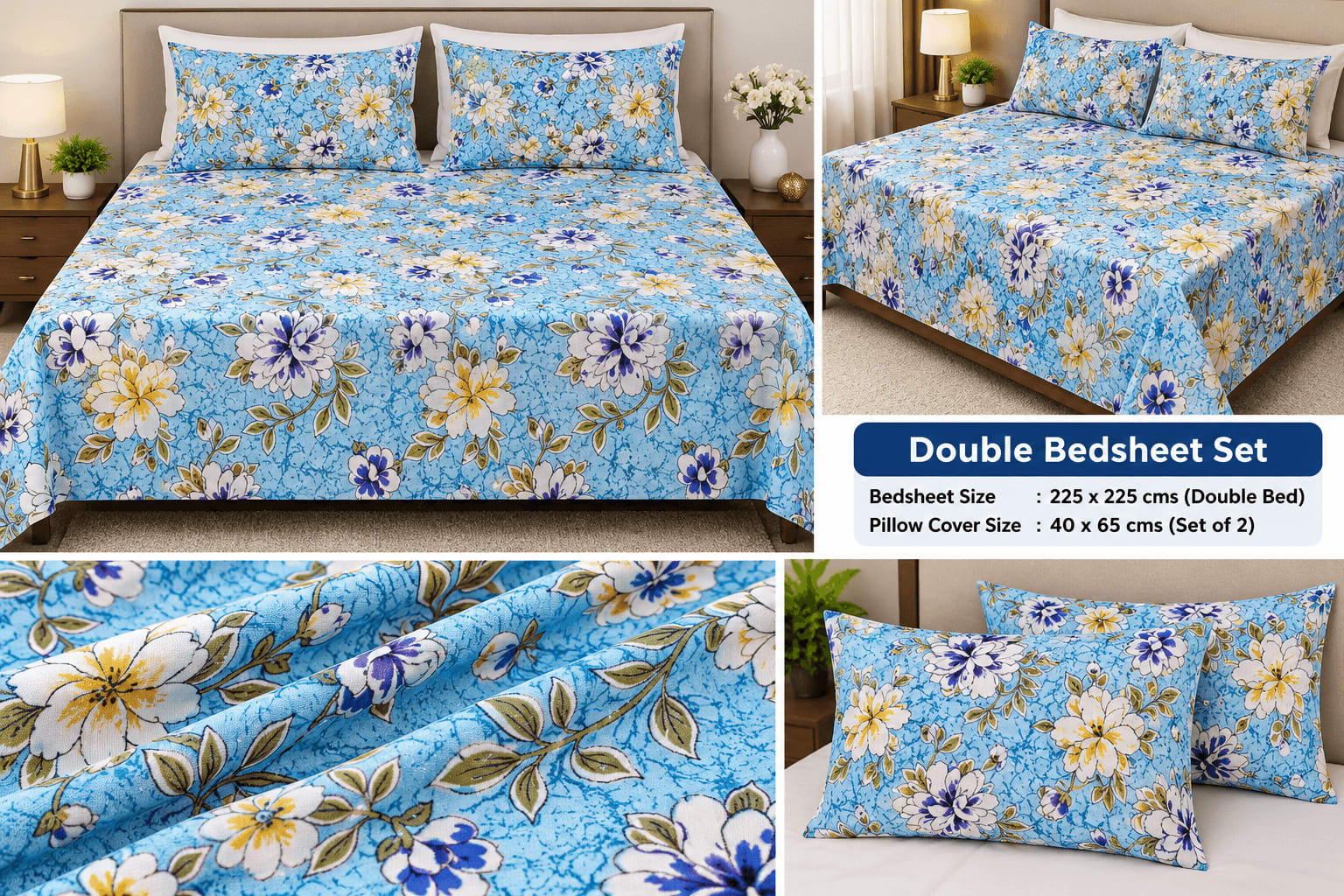 Aqua Blue Peony Floral Victory Double Bedsheet 225x225 cm + 2 Pillow Covers - photo 9