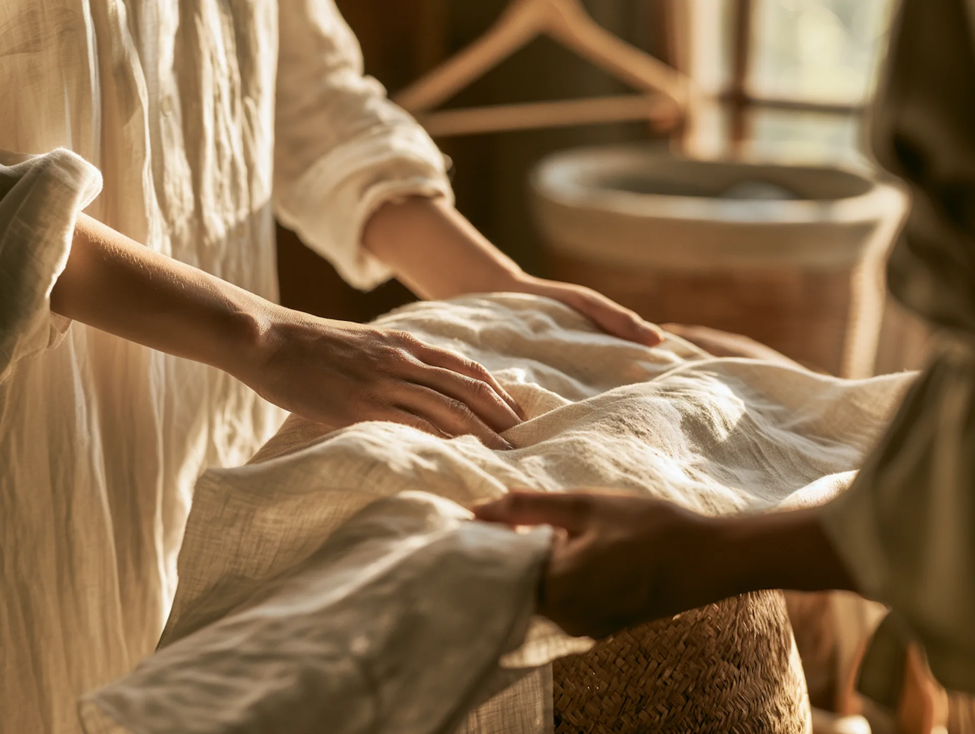 Hands caring for a natural linen garment