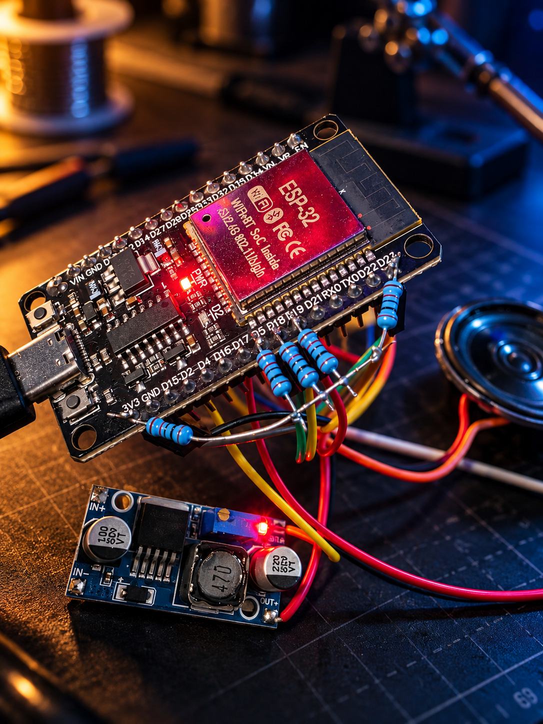 Placă ESP32 și conexiuni electronice pentru dezvoltare