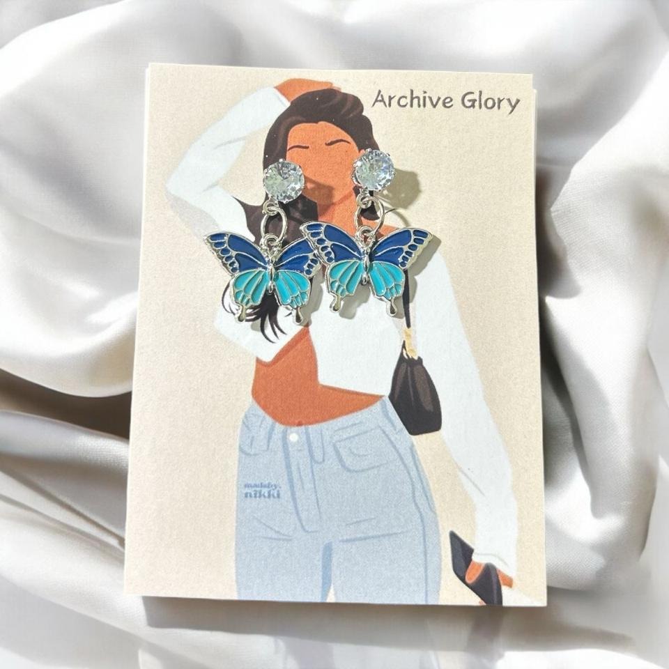 Korean butterfly , dark blue and pink color earring