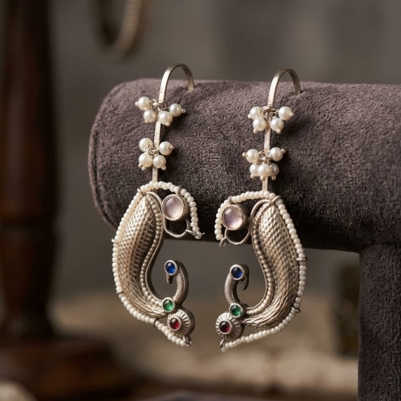 Red Golden earrings with trending design and blue, red & green stone