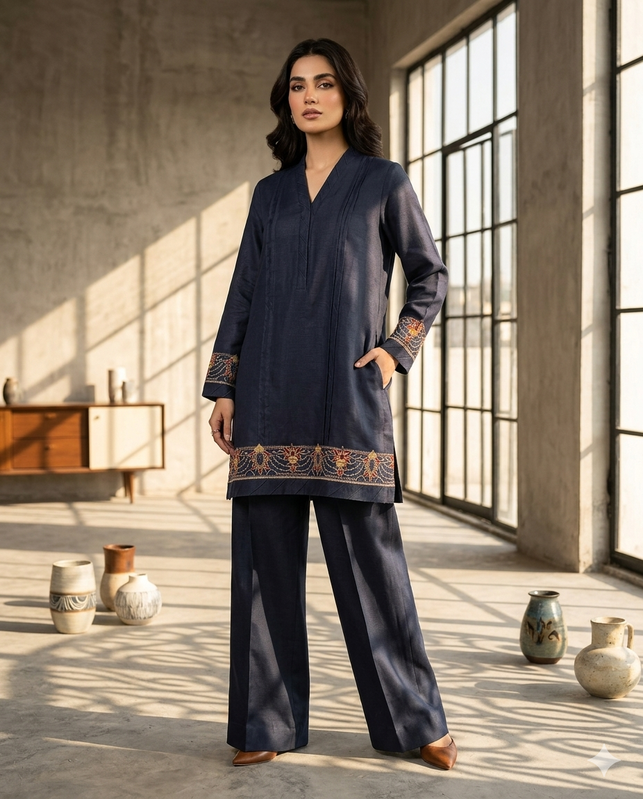2-pieces embroidered cord set plain