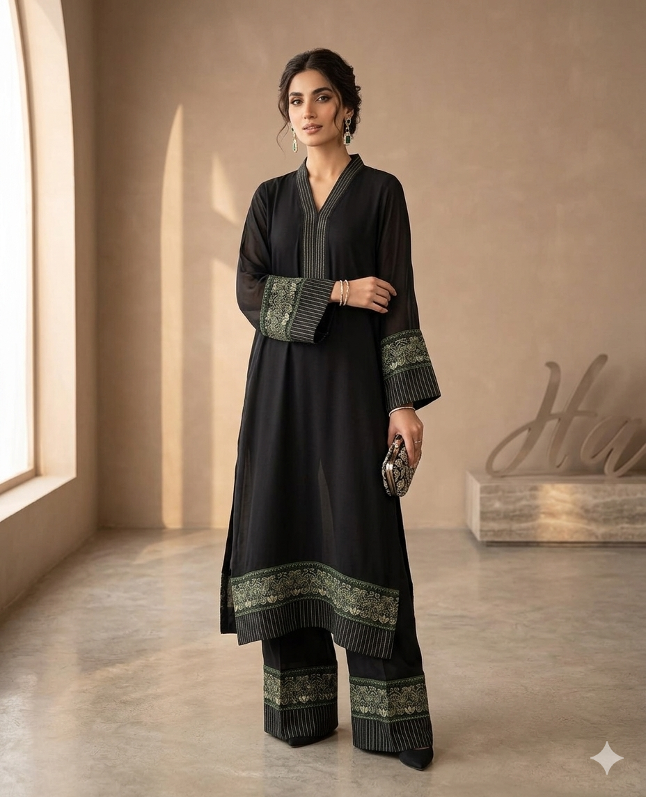 2piece embroiderd plain