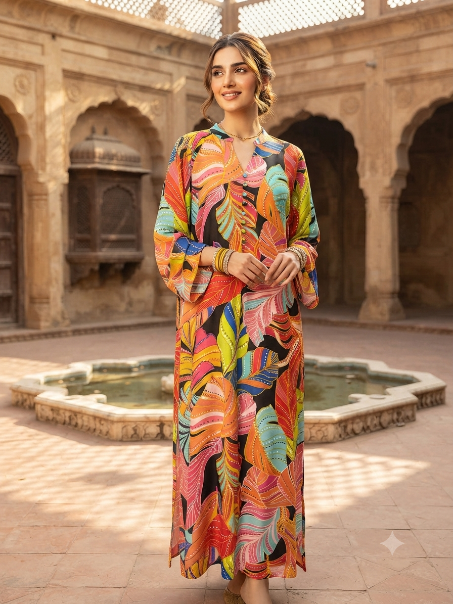 Long gaon leafy print