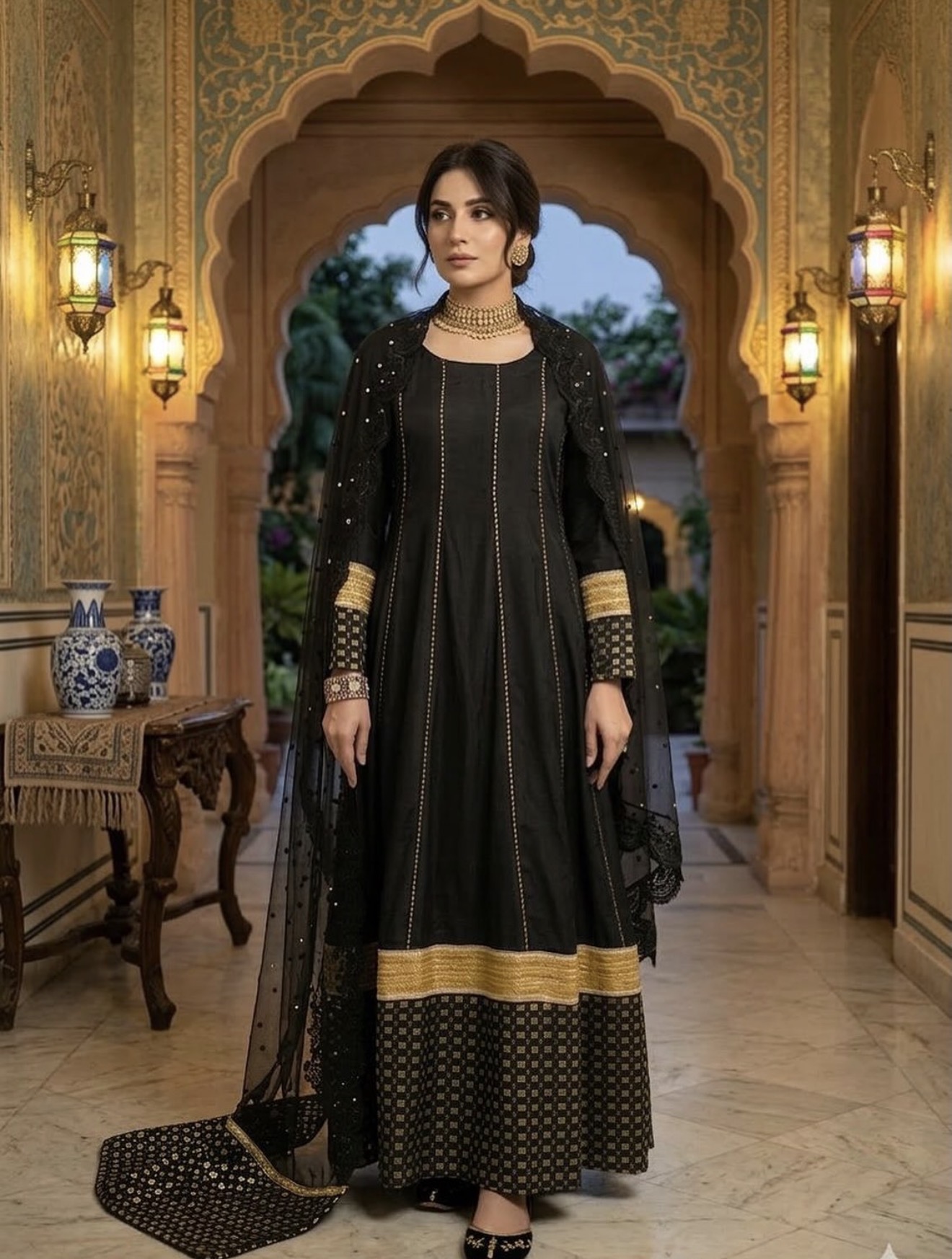 Black deatil work frok with embroidered dubbata organza