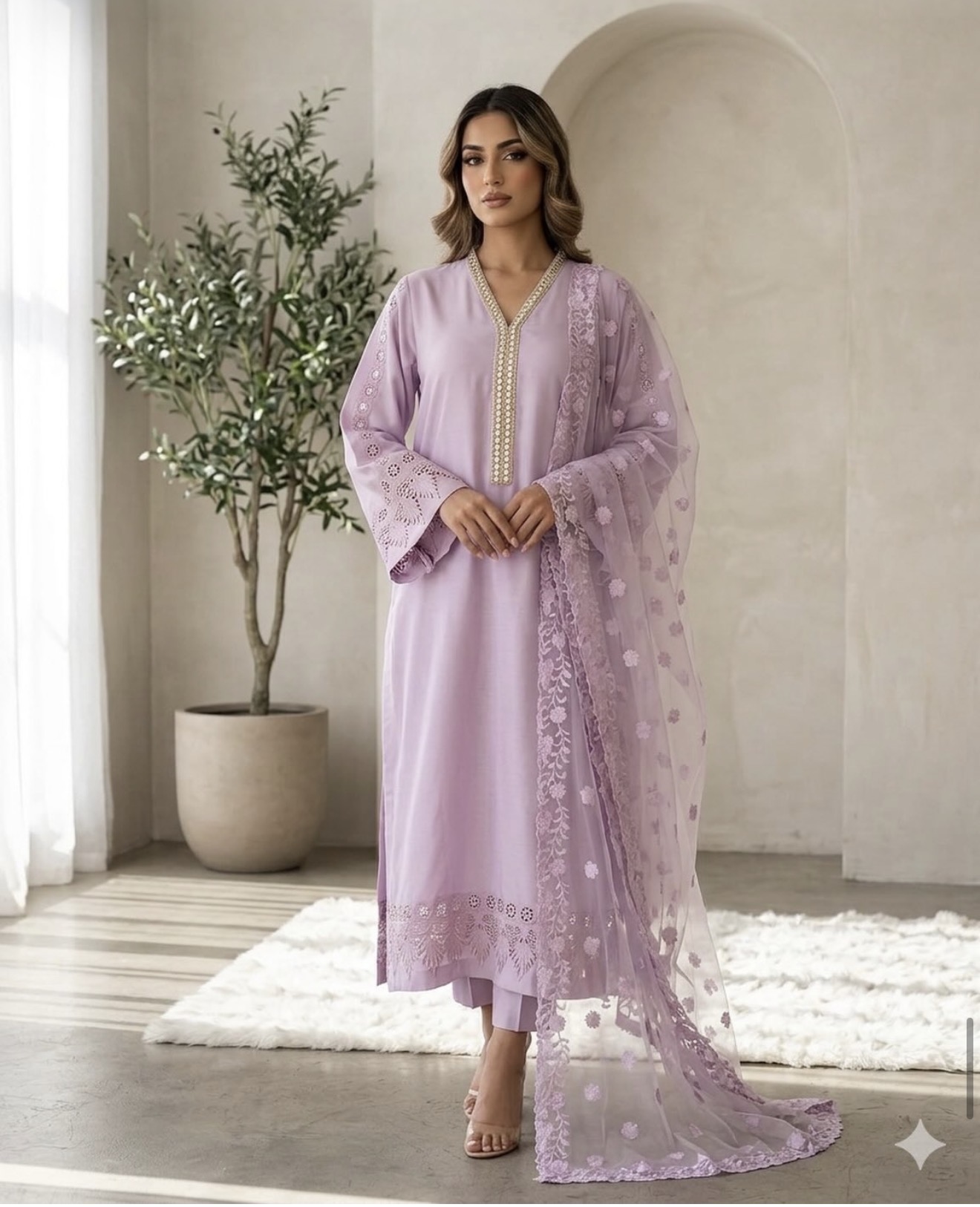 3piece suit lilac colour long shirt deatail work with net dubbata plain trouzer