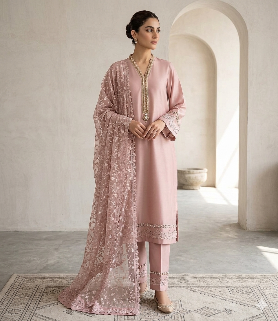 It’s 3piece deatail work long shirt embroidered organza dubbata