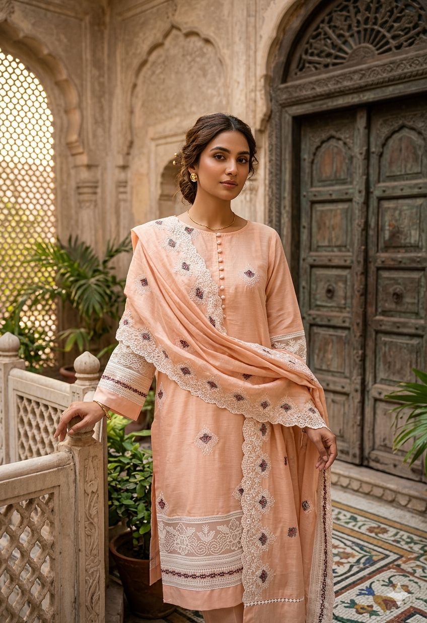 It’s a 3piece paper cotton embroidered deataik work dress
