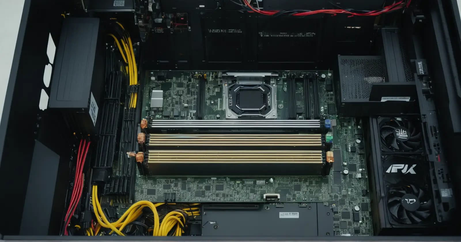 Vista superior de una tarjeta gráfica en un sistema con alimentación y conectividad pcie 5.0