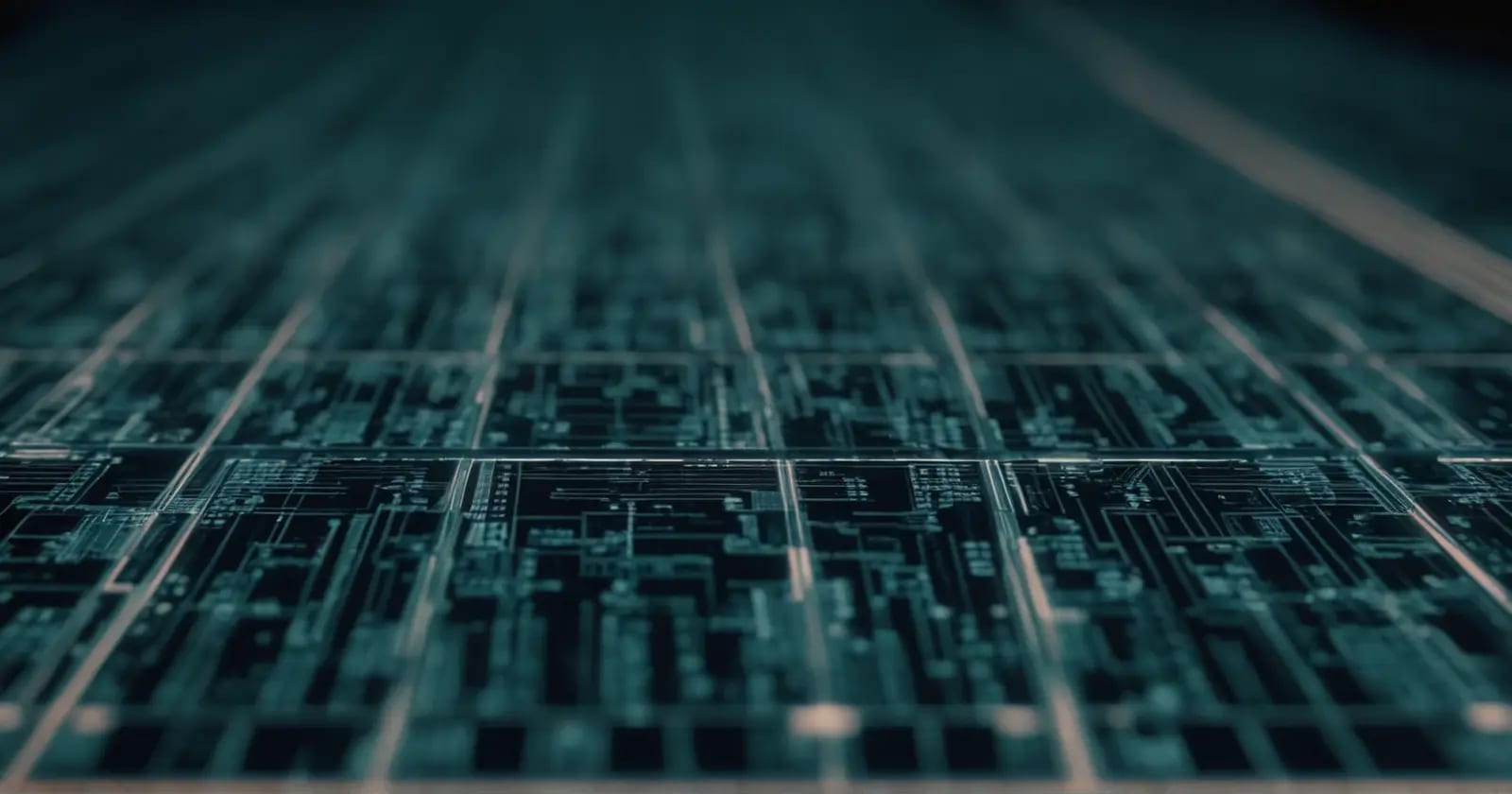 Vista microscópica de una oblea de silicio con el patrón del circuito tras la fotolitografía