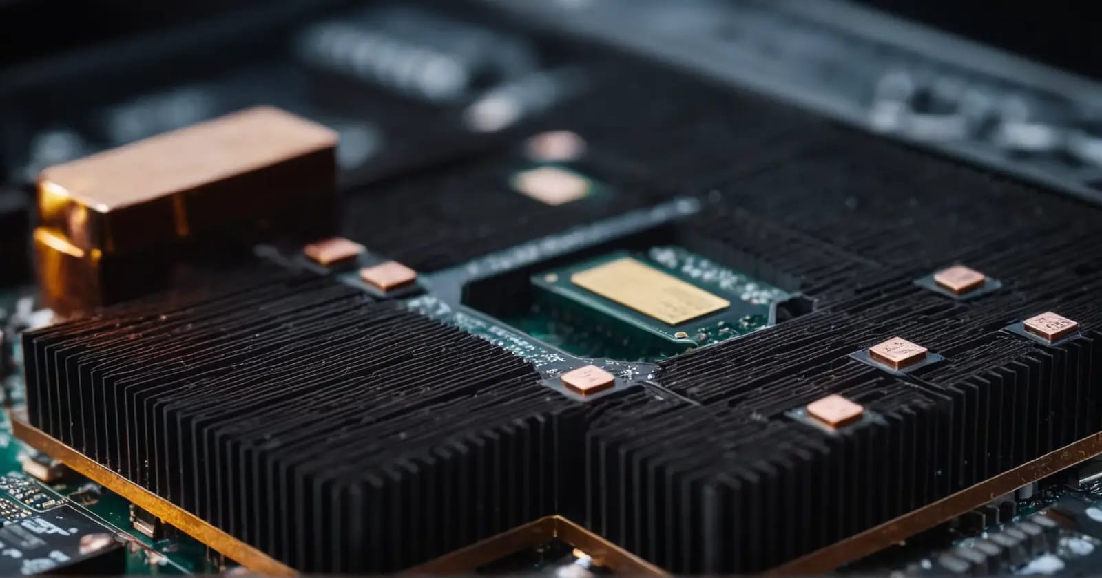 Vista macro de los circuitos internos de una gpu con trazas de cobre y led diagnósticos