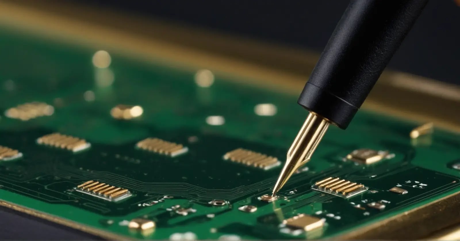 Vista macro de chip EEPROM en placa electrónica con contactos dorados y herramientas para el análisis técnico del circuito