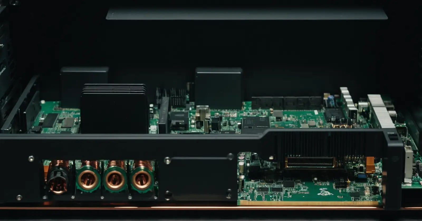 Vista detallada de la placa madre mostrando ranuras pci express y conectores internos del hardware