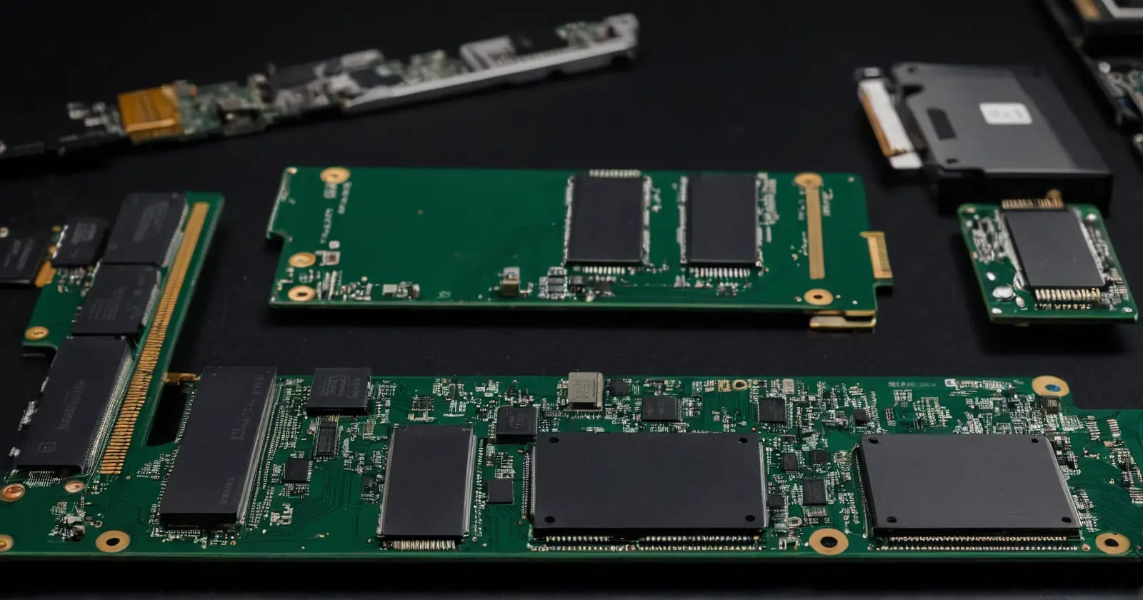 Variedad de unidades m.2 nvme sobre placa base y gráfico de velocidad