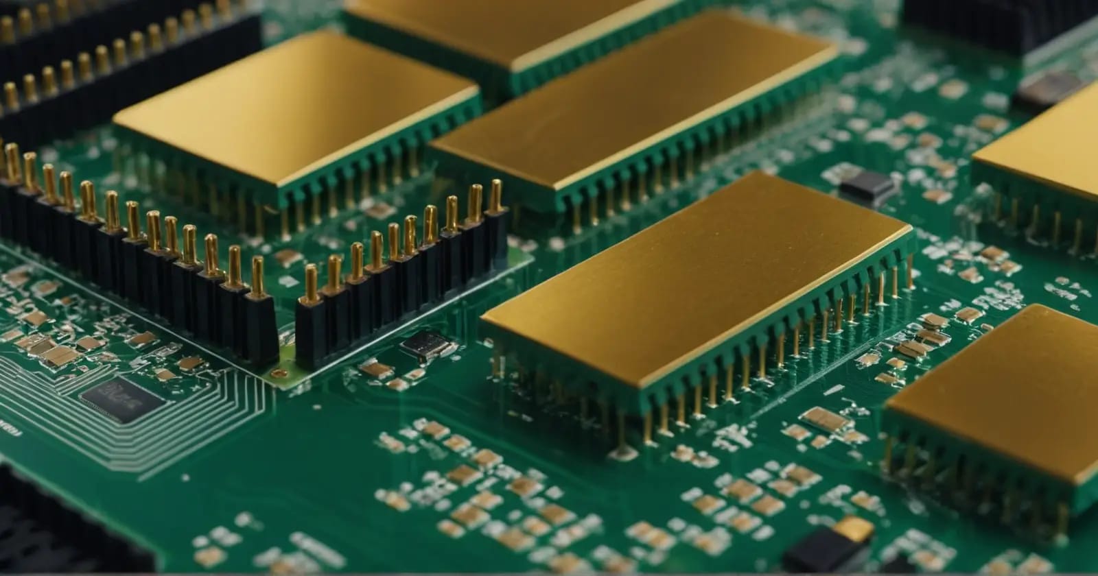 Un primer plano de una placa conductora verde con conectores e interconexiones para direccionamiento de memoria por E/S