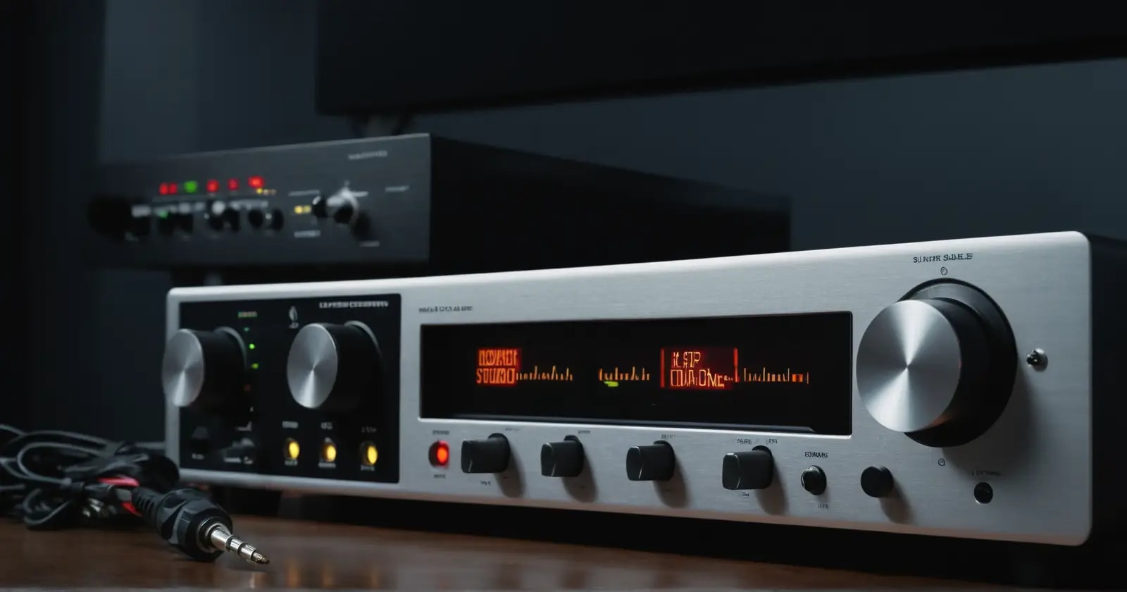Un preamplificador de estudio plateado con medidores VU y cables para grabar señales de audio digitales claras